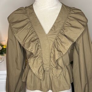 Elegant Ruffled V-Neck Blouse - Tan
